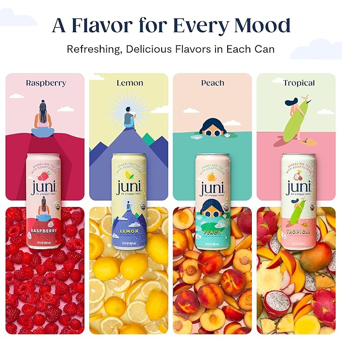 Juni Sparkling Adaptogen Drink with Ashwagandha, Lion’s Mane & Reishi Mushrooms | Green Tea for Focus, Zero Sugar, 5 Calories, Organic | Non Alcoholic Drinks - Lemon 12 pack-FlexoryFit