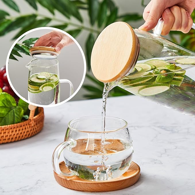 Hsei 2 Sets Glass Pitcher with Lid, 50 oz / 1500 ml Water Carafe with Handles Hot Cold Beverage Water Jar Glass Jug for Tea Juice Milk Coffee Iced Beverage