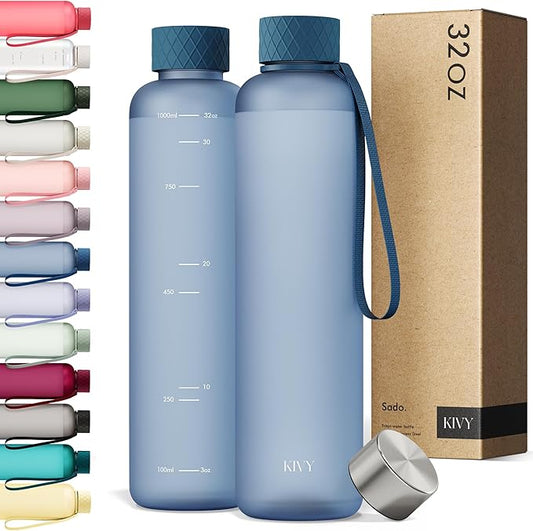 KIVY Slim Water Bottle 32oz [Lightweight & Shatterproof] Fits Backpack & Cupholder for Travel, Sports, School - Blue water bottle no straw - Cute aesthetic water bottles screw top - Dishwasher Safe-FlexoryFit