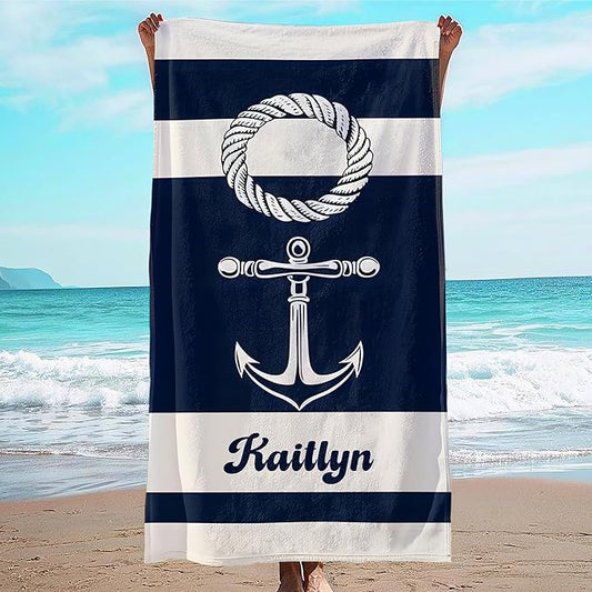 JML Personalized Beach Towel with Name, Custom Anchor Beach Towel, Customized Microfiber Pool Towel, Quick Dry & Absorbent Swim Towel for Adult,Mother's Day, Birthday, Summer Holiday,Vacation-FlexoryFit