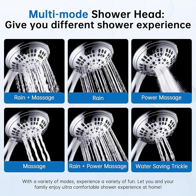G-Promise High Pressure Shower Head 6 Spray Setting with Adjustable Solid Brass Shower Arm Mount and Extra Long Flexible Stainless Steel Hose (Chrome)