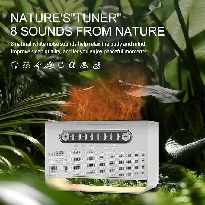Speaker with 8 White Noise, 7 Colors Flame Diffuser Humidifer for Home Office, 8 White Noise Effect, Timing Essential Oil Diffusers Ideal Gift