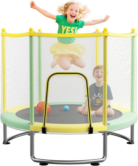 Kids Trampoline with Safety Net – 440lbs Capacity, Upgraded Rust-Proof Ring Legs, Adjustable Gymnastics Bar & Toys – Indoor Outdoor Toddler Trampoline for Boys & Girls Ages 1-8-FlexoryFit