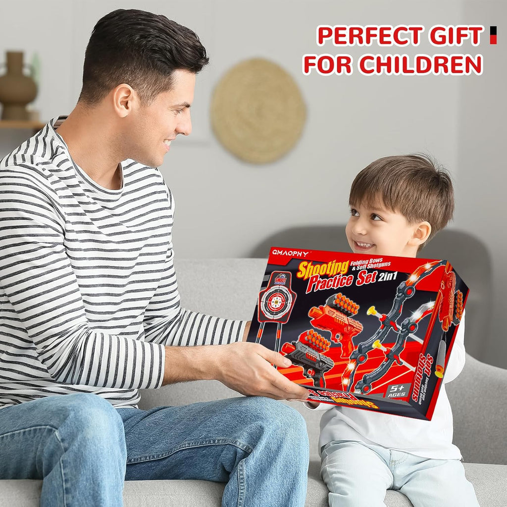 GMAOPHY Bow and Arrow for 5 6 7 8 9 10 11+ Year Old Boys, Birthday Gift for Kids, Indoor Outdoor Activity Toys, 2 Pack LED Light Up Archery Toy with 20 Suction Cup Arrows, Standing Target, 2 Quiver
