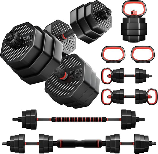 KeppiFitness Adjustable Dumbbell Set, 30/40/50/70/90 lb Weight Set with Connector Bar, 4 in 1 Workout Gear with Dumbbell, Kettlebell, Barbell, Push up Handle for Home Gym Fitness Exercise-FlexoryFit