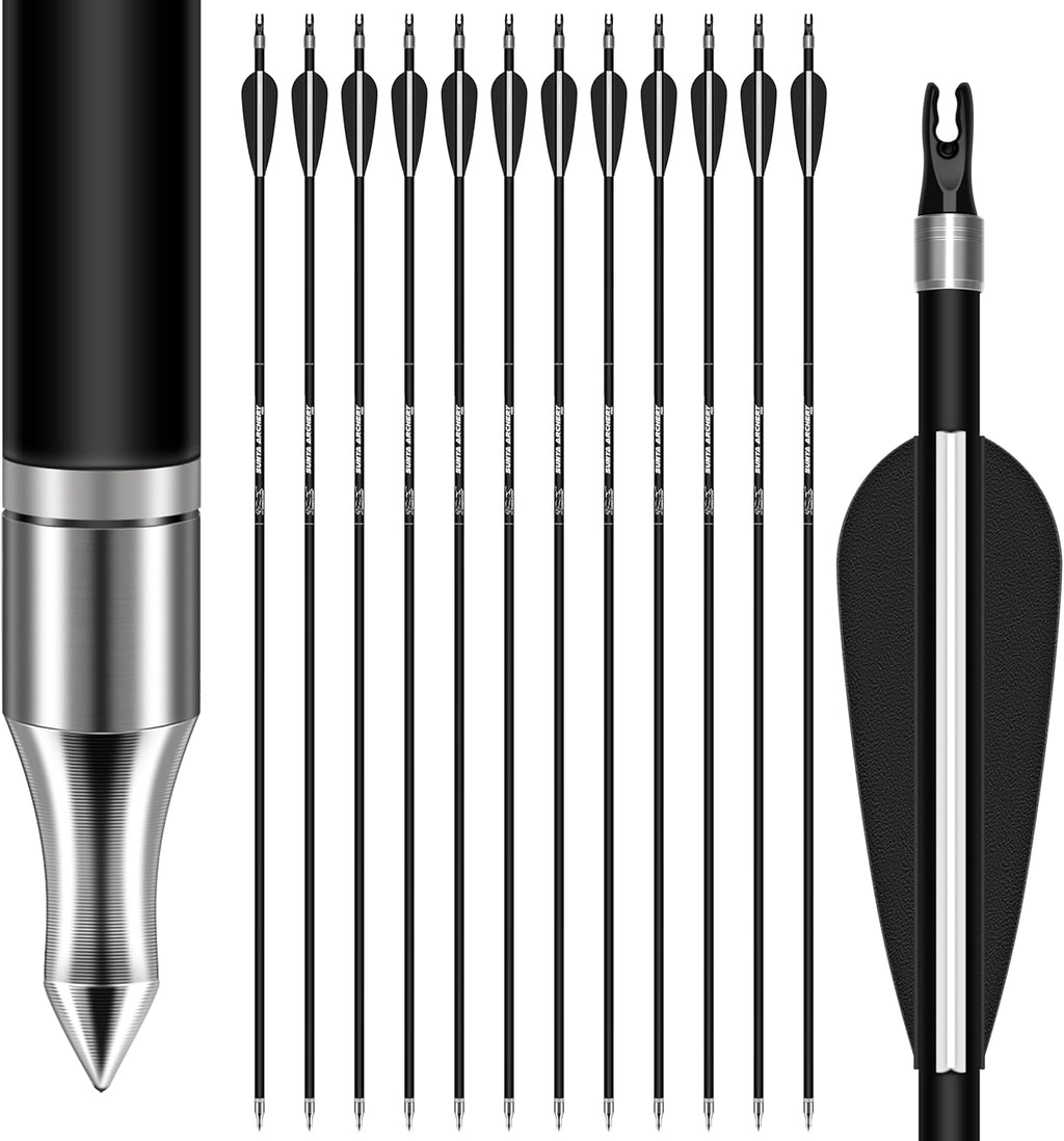 SUNYA 12-Pack 30 Inch Carbon Arrows Spine 500 or 400 for 40-60 LBS Bows｜Switch to Recurve/Compound Modes, Anti-Loose O-Ring & TPU Vanes for Hunting/Target Practice
