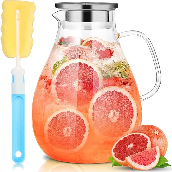 SUSTEAS 3 Litre 101oz Glass Pitcher Jar with Lid and Nozzle, 3.17Quart Cold/Hot Water Glass Water Bottle, Ice Tea for Refrigerator, Large Water Jar for Juice, Milk, Coffee or Homemade Drinks