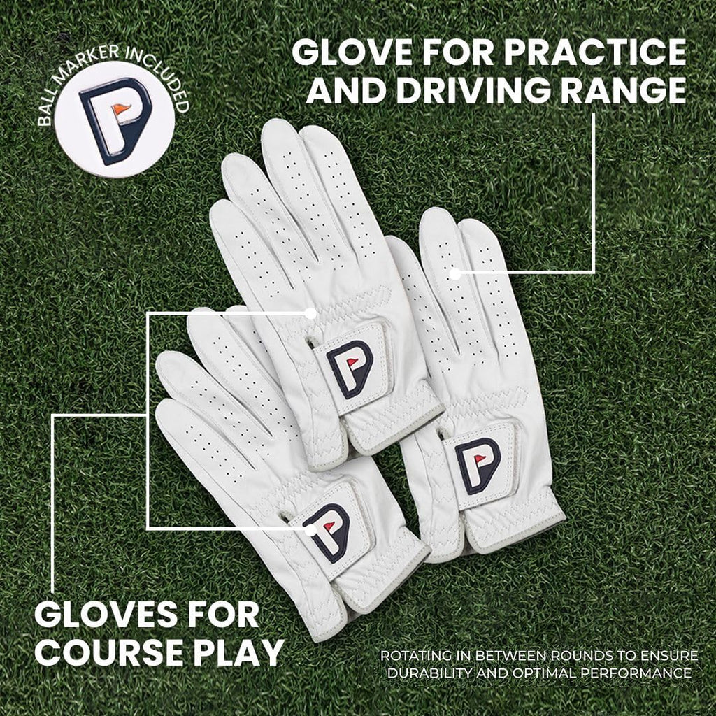 PUR3 3 Pack Golf Gloves Men Right Handed & Left Handed Golfer | Premium Cabretta Leather - Super Soft Feel - Men's Golf Glove with Ball Marker