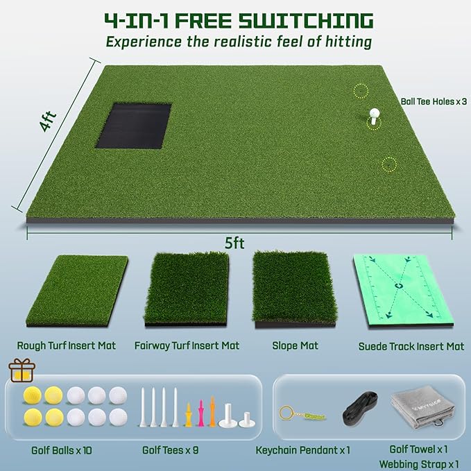 Upgrade Multi-Function Golf Hitting Mat – MyVoice 5x4ft Thickened Mat with Interchangeable Turf, Durable Non-Slip Base for Indoor & Outdoor Practice, Ideal for Golfers of All Levels