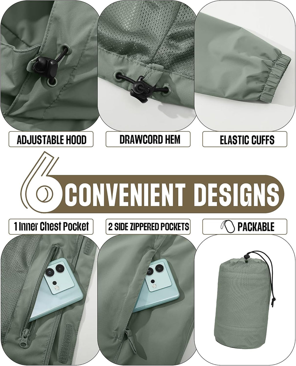 33,000ft Men's Packable Rain Jacket Waterproof Lightweight Raincoat Rain Shell with Hood for Outdoor Hiking Golf Travel