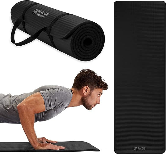 Gaiam Essentials Thick Yoga Mat Fitness & Exercise Mat with Easy-Cinch Yoga Mat Carrier Strap, 72"L x 24"W x 2/5 Inch Thick-FlexoryFit