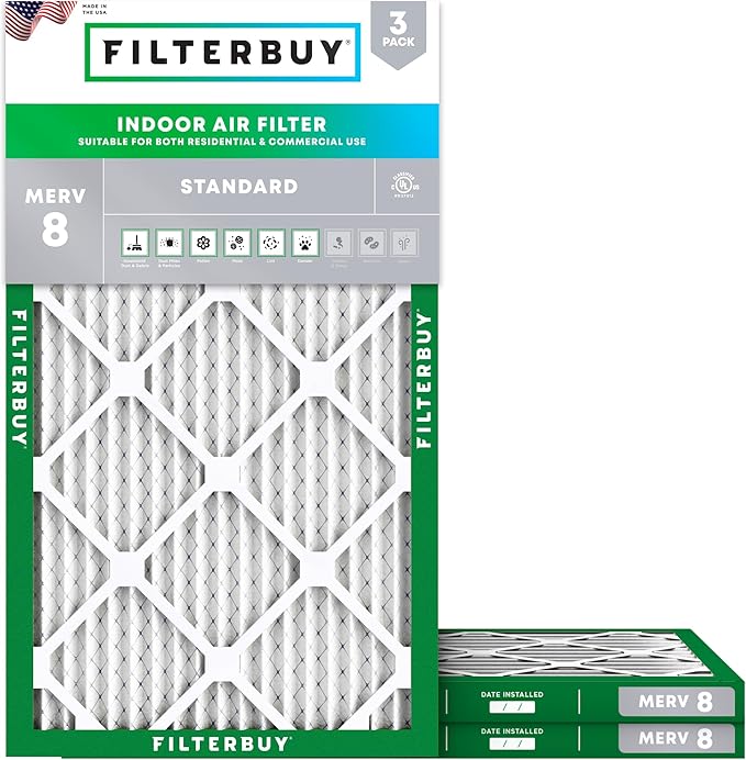 Filterbuy 17x25x1 Air Filter MERV 8 Dust Defense (3-Pack), Pleated HVAC AC Furnace Air Filters Replacement (Actual Size: 16.50 x 24.50 x 0.75 Inches)