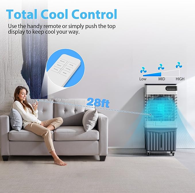Swamp Cooler Air Conditioners, Large 8.3-Gal Tank for 7d Cooling, 4-IN-1 Portable Evaporative Cooler with LED Touch Screen, 3 Fan Speeds,12H Timer and Remote, 600 sq ft, Ideal for Large Rooms