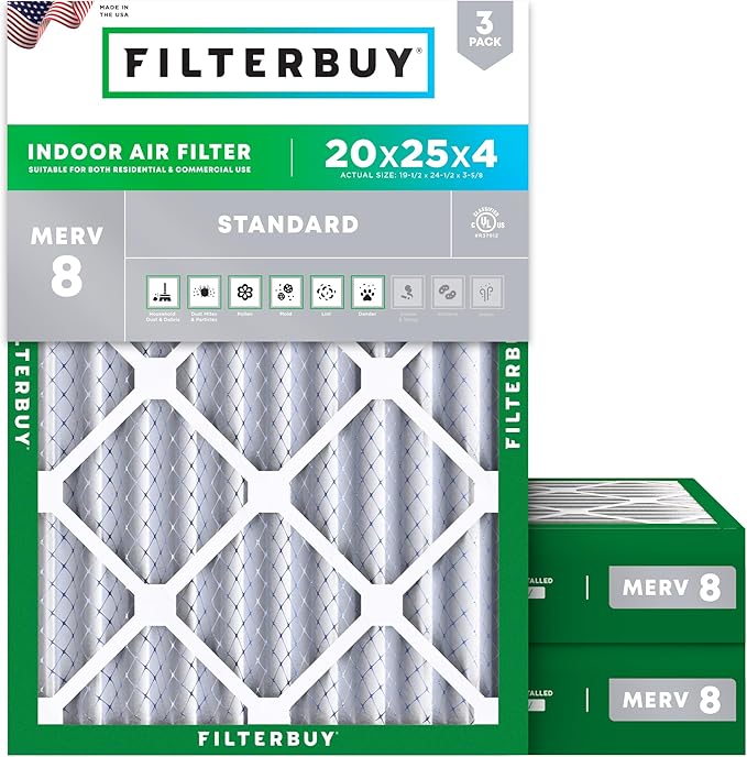 Filterbuy 20x25x4 Air Filter MERV 8 (MPR 700) Dust Defense Replacement (3-Pack), Electrostatic Pleated HVAC AC Furnace Filters, Made in USA (Actual Size: 19.50 x 24.50 x 3.63)
