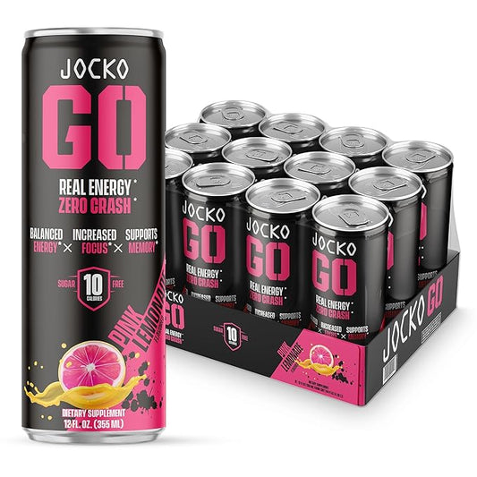 Jocko GO Energy Drink - Keto, Vitamin B12, Vitamin B6, Electrolytes, L Theanine, Magnesium- Energy Boost, Sugar Free Nootropic Monk Fruit Blend - 12 Pack (Pink Lemonade)-FlexoryFit