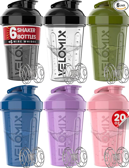 '-6 PACK- Shaker Cups for Protein Shakes 20 oz - 6x Wire Whisk | Leak Proof Protein Shaker Bottle for Protein Shakes, Shaker Bottle Pack for Pre & Post Workout, Shaker Cup (Muted Contrast)-FlexoryFit