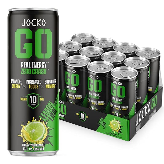 Jocko GO Energy Drink - Keto, Vitamin B12, Vitamin B6, Electrolytes, L Theanine, Magnesium- Energy Boost, Sugar Free Nootropic Monk Fruit Blend - 12 Pack (Lemon Lime)-FlexoryFit