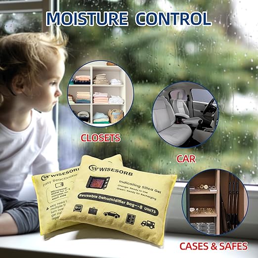 Rechargeable Gun Safe Dehumidifier, 6 Packs 8U Indicating Desiccant Packs with Transparent Window for Storage Reusable Silica Gel Packets Moisture Absorbers Safe Dehumidifier