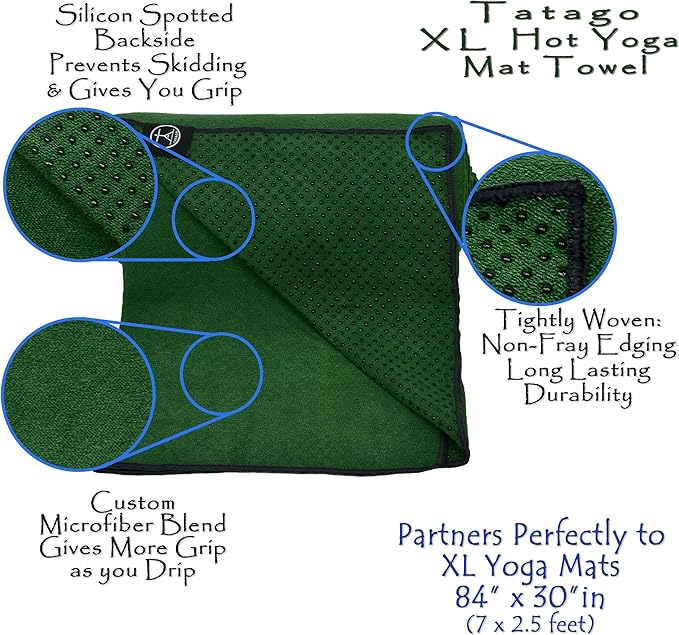 Tatago Hot Yoga Mat Towel Non Slip for Hot Yoga (72-84 inch Mats) Our Hot Yoga Towel Non Slip Silicone Dabs & Absorbent Microfiber Blend Gives You More Grip As You Drip! (Ezmeraldo, XL - 84")-FlexoryFit