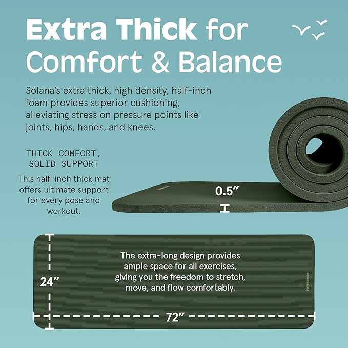 Retrospec Solana Yoga Mat 1/2" Thick w/Nylon Strap for Men & Women - Non Slip Exercise Mat for Yoga, Pilates, Stretching, Floor & Fitness Workouts-FlexoryFit