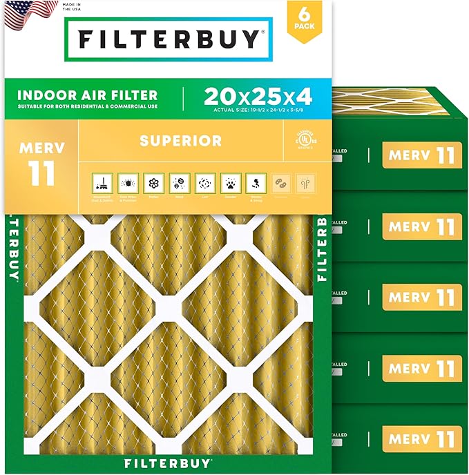 Filterbuy 20x25x4 Air Filter MERV 11 (MPR 1200) Allergen Defense Replacement (6-Pack), Electrostatic Pleated HVAC AC Furnace Filters, Made in USA (Actual Size: 19.50 x 24.50 x 3.63)