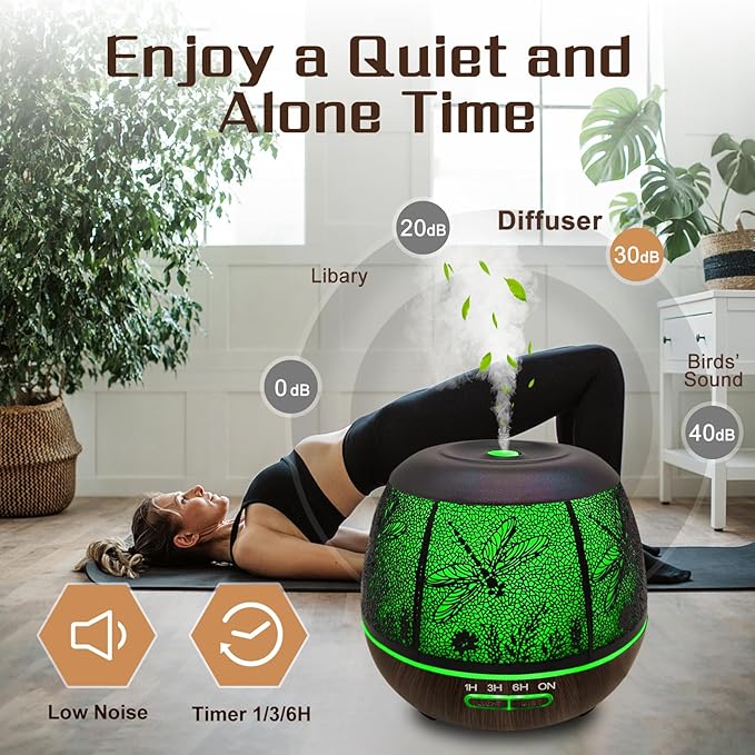 Essential Oil Diffuser for Bedroom 400ml,Diffusers for Home with R/C,Cool Mist Humidifier Large Room,Ultrasonic Scent Diffuser Waterless Auto Off,7 Colors Light & 3 Mist Modes for Desk Dragonfly