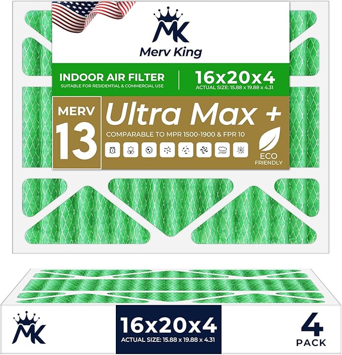 MervKing 16x20x4 Air Filter Actual Size: 15.88" x 19.88" x 4.31" MERV 13 MPR 1500-1900 | MADE IN USA | 4-Pack | Pleated HVAC AC Furnace Replacement