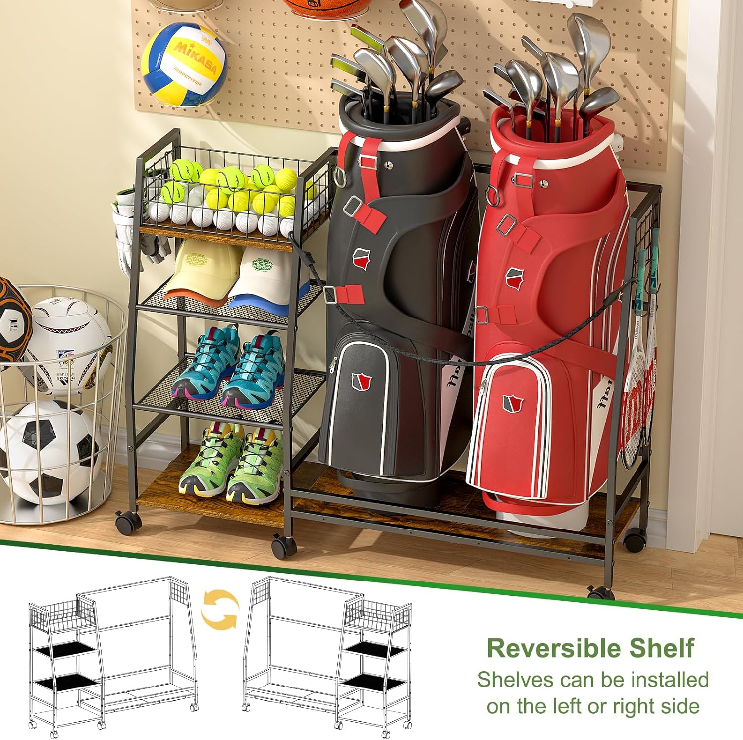Golf Bag Storage Rack for Garage with Wheels, Organizer for 2 Golf Bag and Equipment Accessories, Golf Organizer Stand Ideal for Home, Garage, Club, Shed, Basement - Sturdy and Durable (Black)