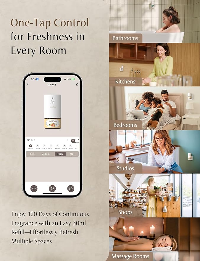 SF101S Smart Wi-Fi Waterless Ultrasonic Essential Oil Diffuser–100% Plant-Based,120-Day Natural Air Freshener & Aromatherapy Scent Diffuser Covers 100㎡ for Home,Hotel-Blue Gum Eucalyptus
