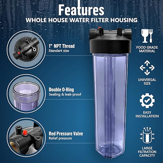 High Capacity 20 x 4.5” Whole House Filter Purifier System for Well or City Water, Presser Relief Button, 1” NPT Brass Port, Double O-Ring, Meets NSF Standards & Regulations (Transparent, 2 Sets)