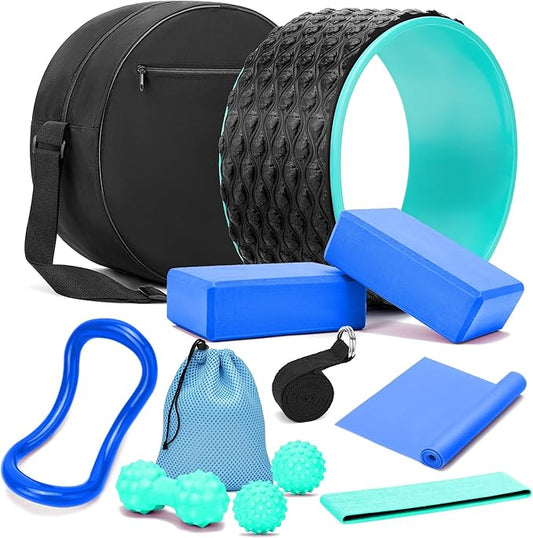 Yoga Wheel Set, Wheel Foam Roller with Back Cracker Roller for Pain Relief & Deep Tissue Massage and Stretching 500lbs Capacity, Trigger Point Therapy Massage Ball, Yoga Blocks 2 Pack with Strap-FlexoryFit