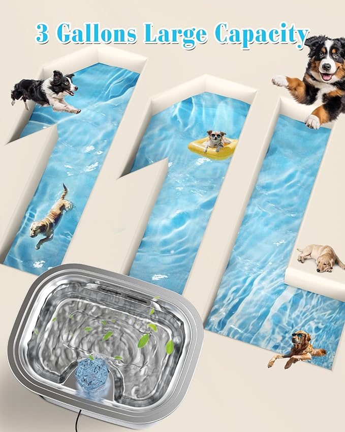 Lesotc 3 Galon Stainless Steel Dog Water Fountain for Large Dogs, Pet Water Fountain with 2 Filters, Automatic Dog Fountain Dog Water Bowl Dispenser Indoor, Quiet Pump, Dishwasher Safe