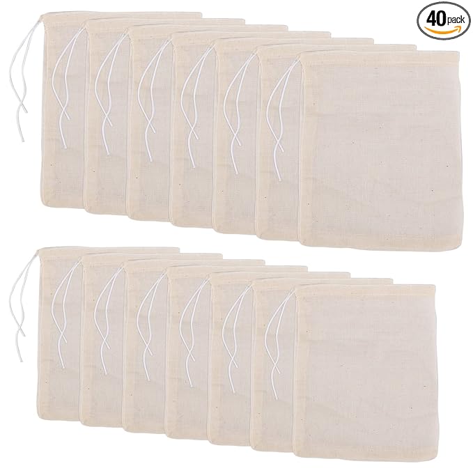 AUEAR, 40 Pack Reusable Drawstring Cotton Soup Bags Spice Tea Filter Coffee Brew Herb Muslin Cheesecloth for Straining(2 Sizes)