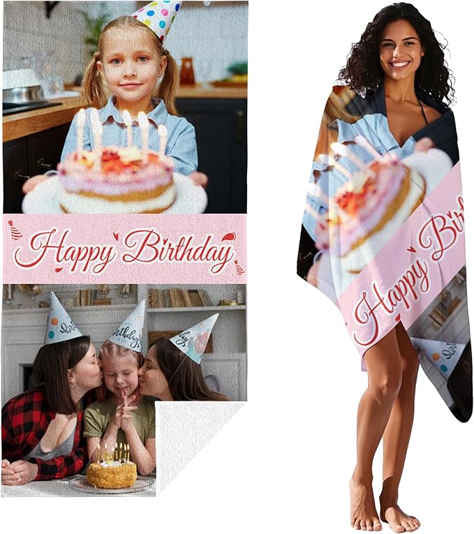 JML Birthday Gifts for Mom Dad Daughter Son, Personalized Beach Towel with Photo Text, Custom Beach Towel Gift for Mother's Day, Anniversary, Family Day, Summer Holiday, Vacation-FlexoryFit