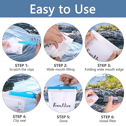 RunNico 2L/68oz Flow Water Filters Bag, Wide Mouth Water Storage Bag Compatible with 28mm Filter, Outdoor Foldable Water Filtration Reservoir for Expedition Camping Cycling Hiking Running (1 Pcs)