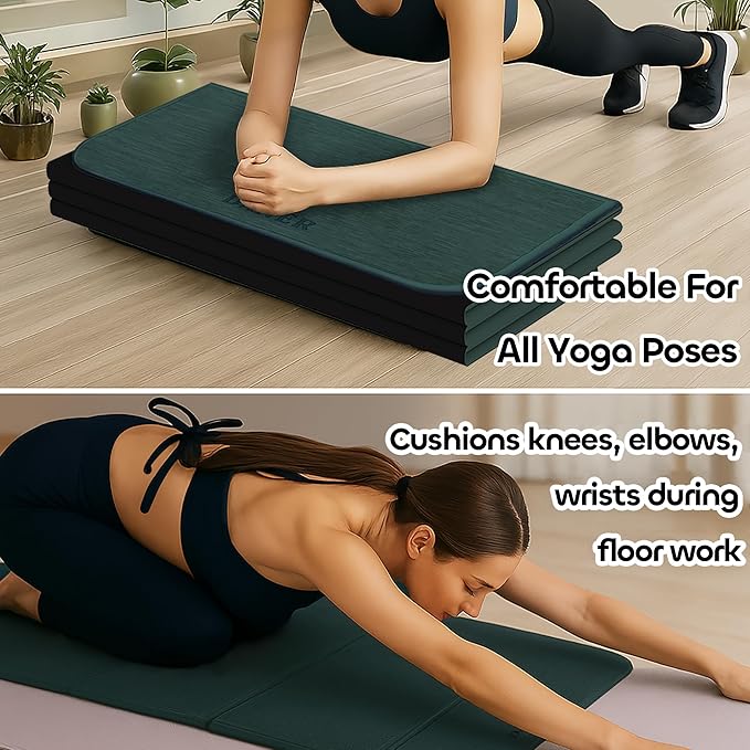 Foldable Yoga Mat 12mm Extra Thick Joint Protection,Portable Design for Travel/Pilates/Board/Camping,Environmental Sports Mat Non-Slip Gym Mat,Odorless POE Material-FlexoryFit