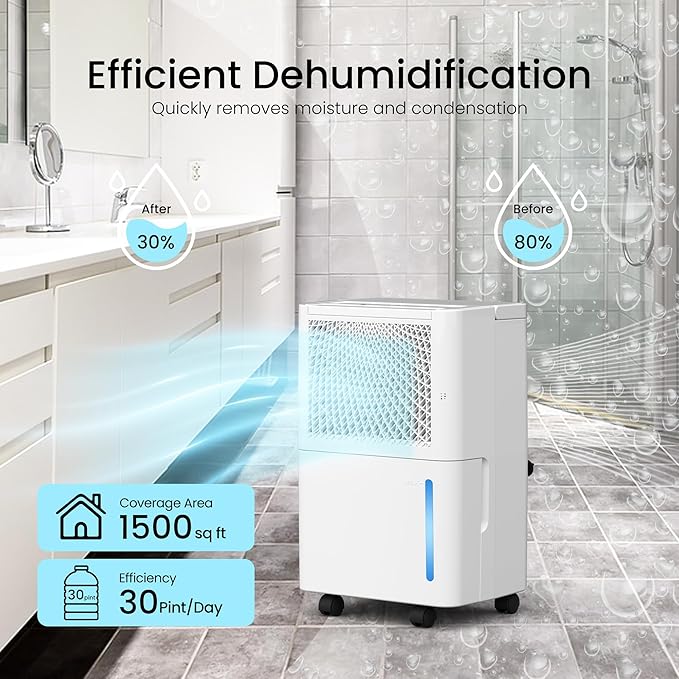HUMSURE 1500 Sq. Ft 30 Pints Dehumidifier Equipped With Drainage Hose, Automatic Defrosting, for Basement, Home, Bathroom, Bedroom,24-Hour Timer Function