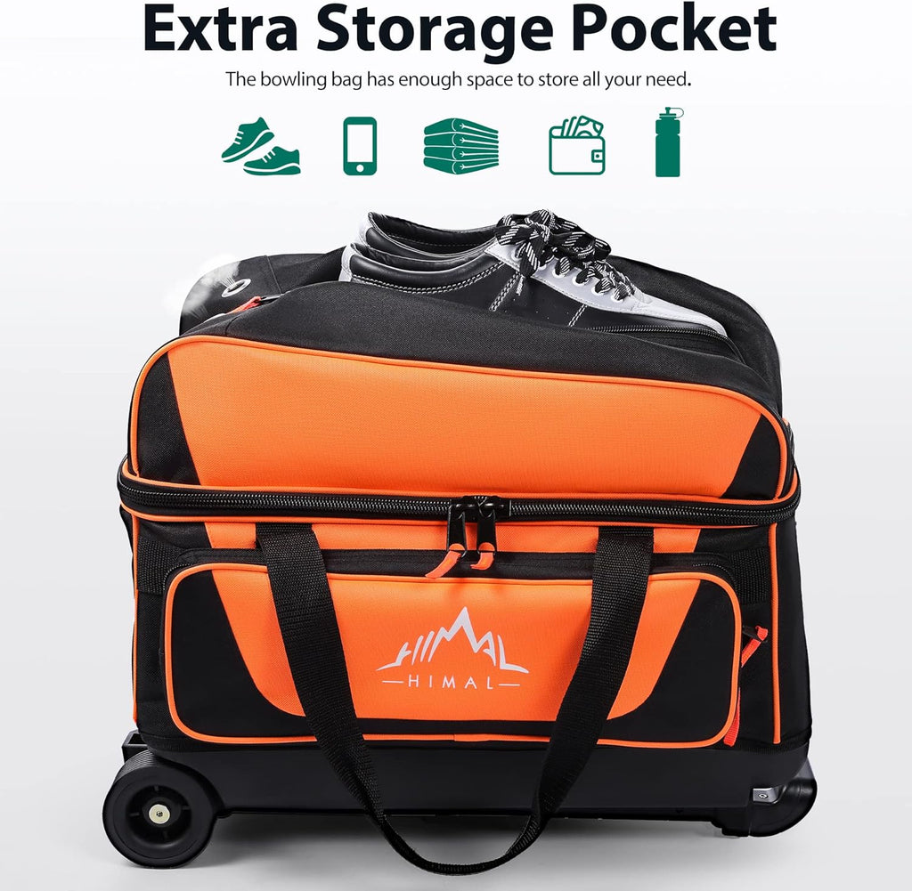 Double Roller 2 Ball Bowling Bag with Separate Shoe Compartment for Bowling Shoes (Up To US Mens Size 15) and Oversized Accessory Pocket, Retractable Handle - Extends to 40"