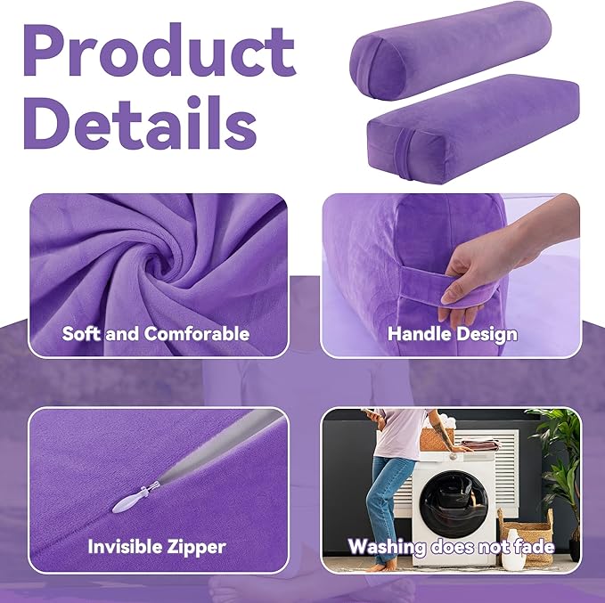 ROYALAY 2 Pcs Yoga Bolster Pillow for Restorative Yoga, Rectangular and Cylinder Meditation Pillow Set with Carrying Handles, Supportive Cushion for Exercise Workout Stretching Meditation,Purple-FlexoryFit