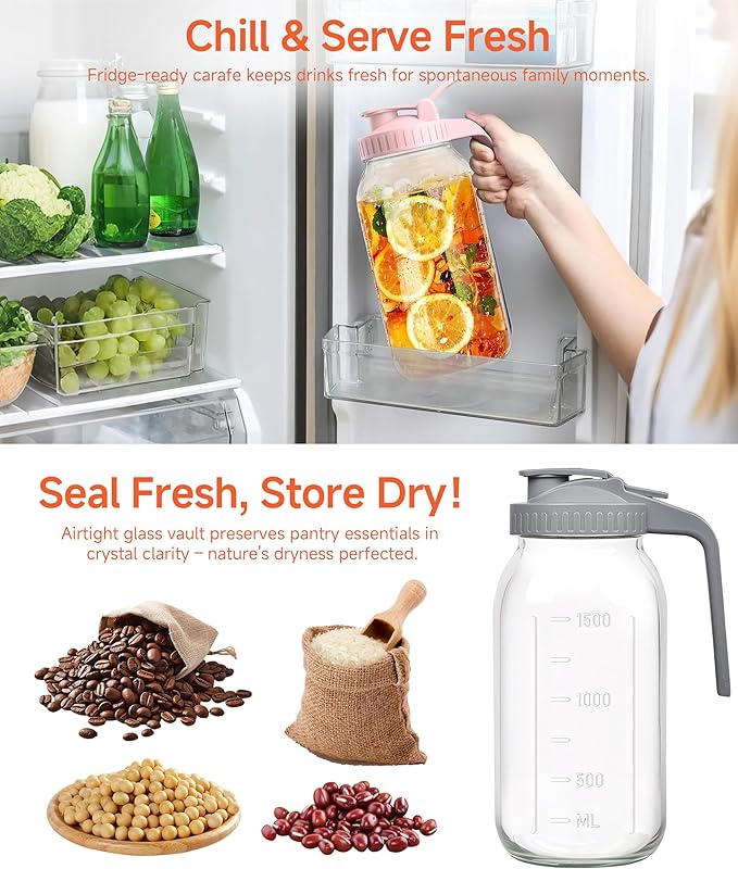 64oz Large Glass Pitcher with Lid & Spout,2 Quart Breastmilk Pitcher Upgraded Leak Proof, for Sun Tea, Iced Juice, Cold Brew Coffee, Breastmilk Storage Container-4PACK(Black+Gray+Pink+Green)