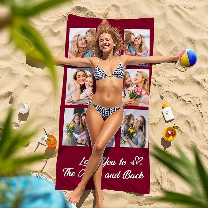 JML Mothers Day Birthday Gifts for Mom from Daughter Son, Personalized Beach Towel with Photo, Custom Beach Towel Gift for Mommy, Grandma, Women, Wife Anniversary Family Day, Summer, Holiday-FlexoryFit