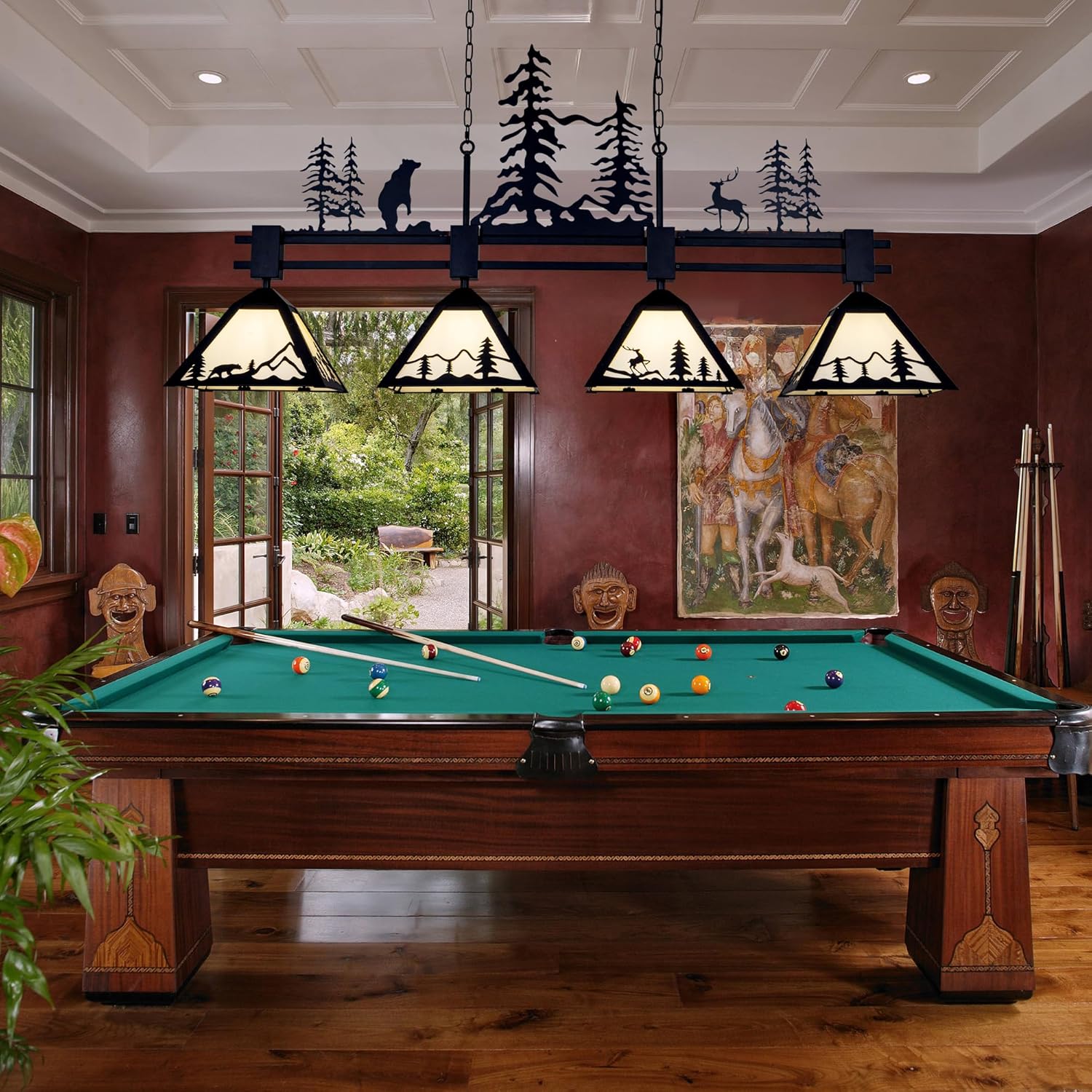 TOCHIC Vintage Pool Table Light, 62 inch Tiffany Bear Billiard Pool Table Lights, 4 Lights Rustic Farmhouse Billiard Hanging Light Fixture for 7 to 9 ft Snooker Table, Game Room, Man Cave, Kitchen