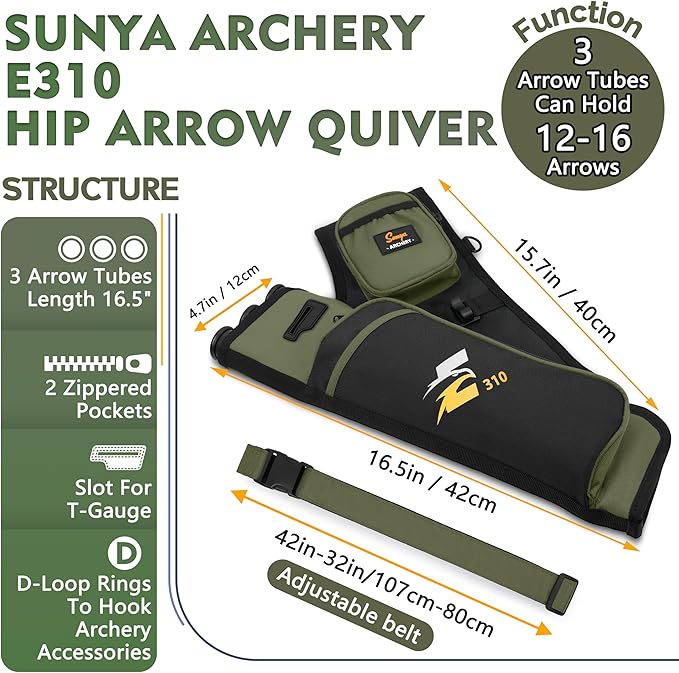 SUNYA Archery Hip Quiver for Arrows. Includes 3 Tubes Arrow Holder, Accessories Pockets and Waist Belt. Fit for Compound and Recurve Bow Practice.