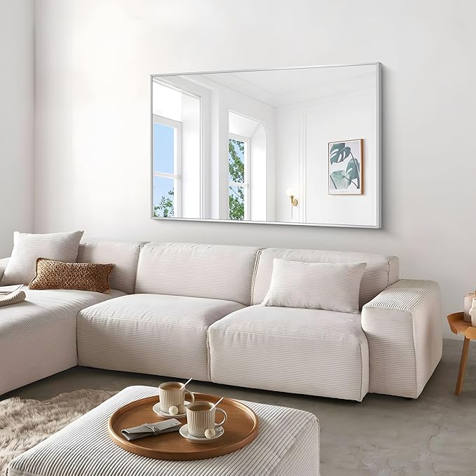 Silver Bathroom Mirror,55x36 inch Wall Mirror for Bathroom Wall Mounted,Large Rectangle Mirror for Bathroom Over Sink,Modern Metal Frame for Living Room,Bedroom Entryway,Horizontal/Vertical