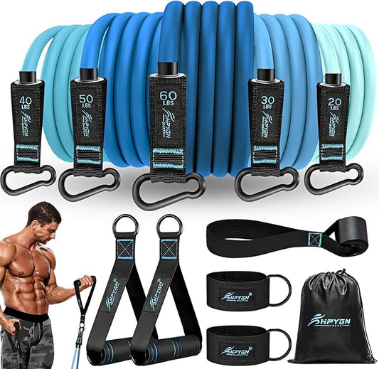 HPYGN Resistance Bands, Exercise Bands with Handles, Fitness Bands, Workout Bands with Door Anchor and Ankle Straps, for Heavy Resistance Training, Physical Therapy, Shape Body, Yoga, Home Workout Set-FlexoryFit