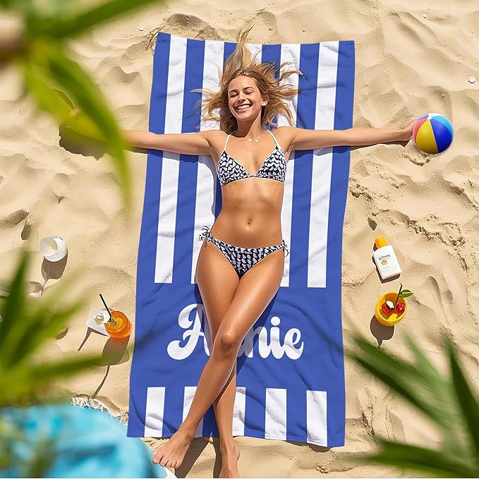 JML Personalized Beach Towel with Name, Custom Cabana Stripe Beach Towel, Customized Microfiber Pool Towel, Quick Dry & Absorbent Swim Towel for Adult,Mother's Day, Birthday, Summer Holiday,Vacation-FlexoryFit