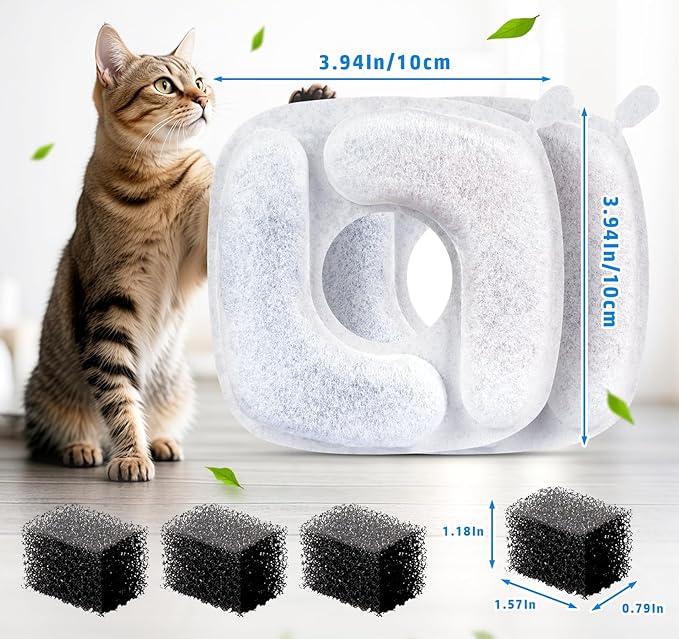 Lemonfilter Cat Water Fountain Filters, 8 Pack Replacement Filters & 8 Pre-Filter Sponges Compatible with 67oz, 95oz (2.8L), 135oz Automatic Pet Fountain Dog Cat Water Dispenser