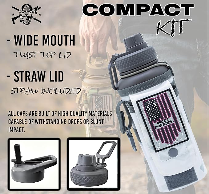 Iron Infidel Battle Bottle - 32 Oz Insulated Water Bottle with Straw Lid & Chug Cap, Stainless Steel Metal Flask Includes Rugged, Removable Sleeve for Keys, Wallet, & Phone (Arctic Camo 1 Liter)-FlexoryFit