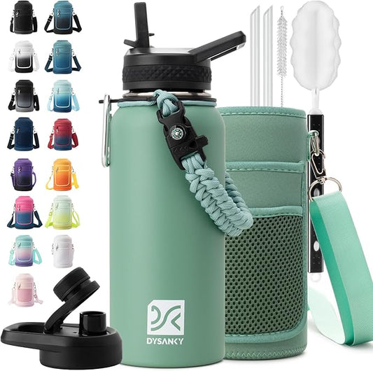 Insulated Water Bottle | Thickened Stainless Steel Vacuum Metal | Portable Sports Water Jug for Gym and Hiking with Straw, Carrier Bag, Handle Strap | BPA-Free 32 oz-FlexoryFit