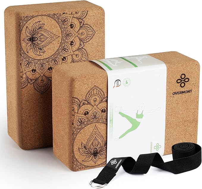 Overmont Cork Yoga Blocks 2 pack with 8ft Strap Natural Cork Bricks- High Density & Eco Friendly Yoga Accessories for Women - Ideal for Yoga Pilates General Fitness and Stretching 9x6x3''-FlexoryFit